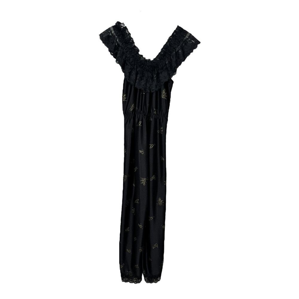 Vintage 70s Dolores For Poirette Black Sleepwear Jumpsuit Medium Lace Gold Satin - Picture 3 of 8